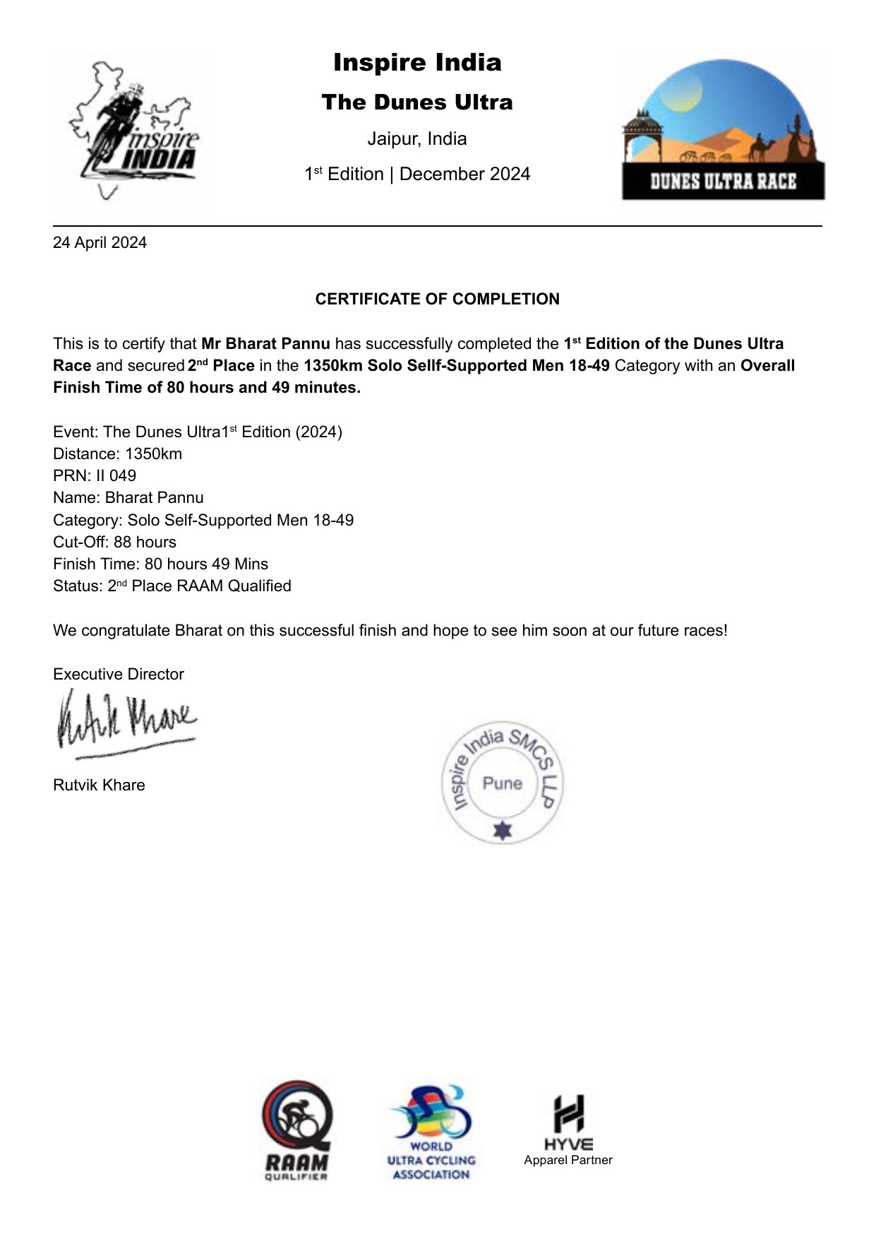 Dunes Ultra 2024 certificate of completion