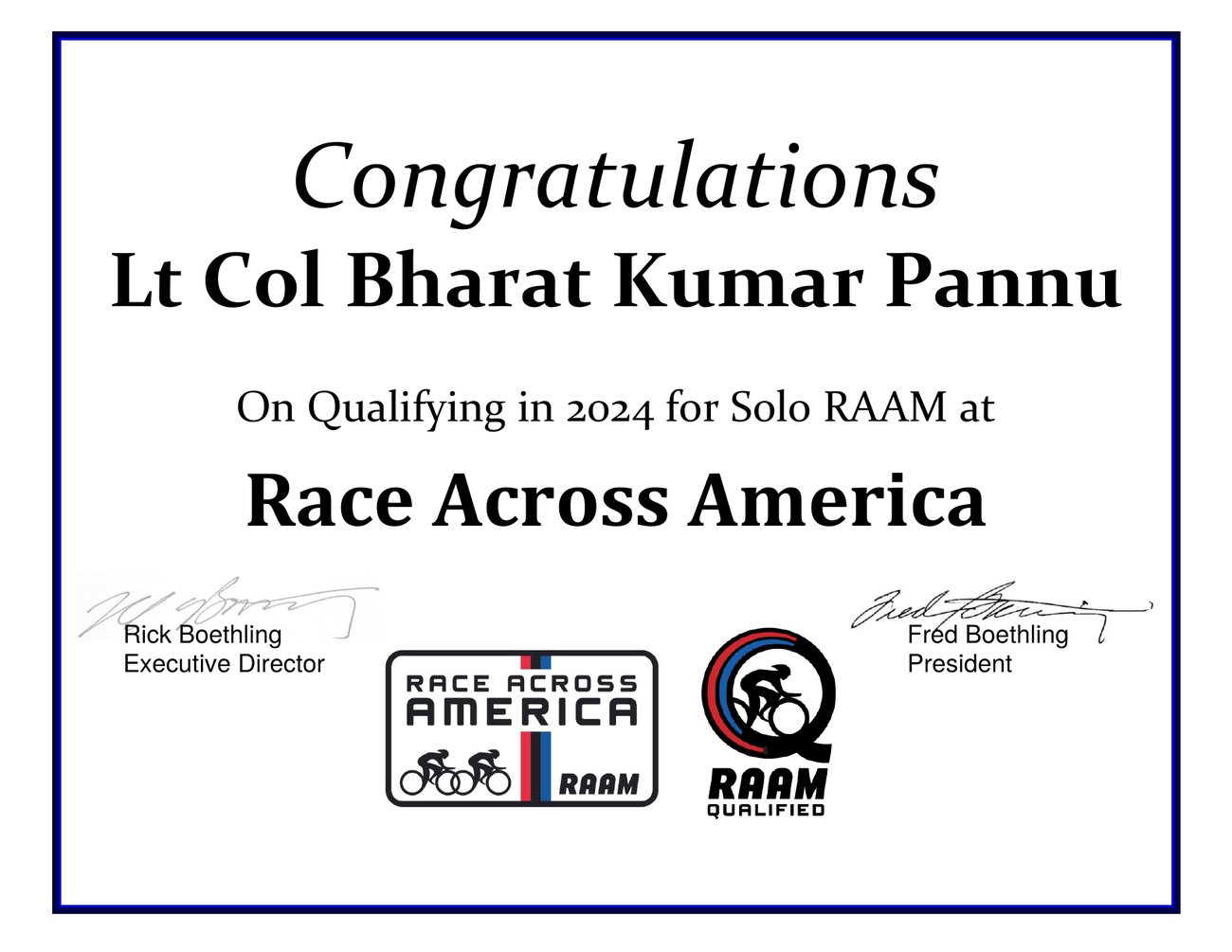 RAAM solo qualification certificate 2024