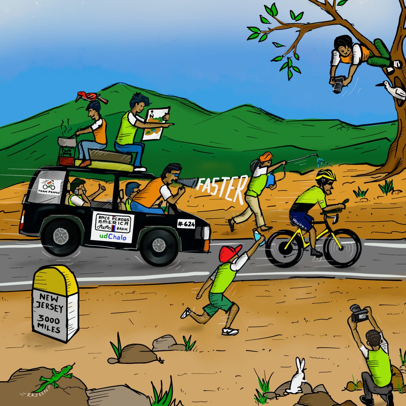 Illustration of the crew caravan supporting the rider across the American desert during Race Across America