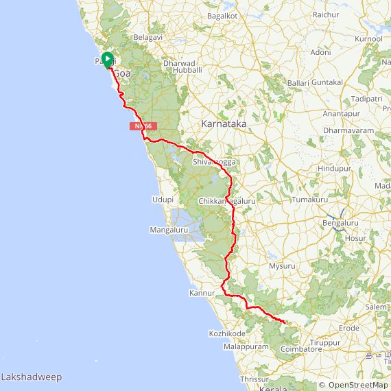 Ultra Spice Race route map — the Goa–Ooty–Goa 1,750 km course