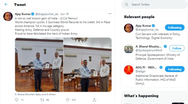 Tweet by the Defence Secretary, Dr Ajay Kumar (19 Jun 2021)
