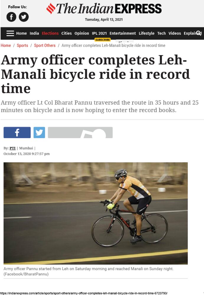 The Indian Express — “Army officer completes Leh–Manali ride in record time”
