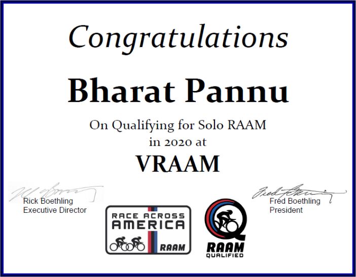 RAAM Solo Qualifying Certificate 2020