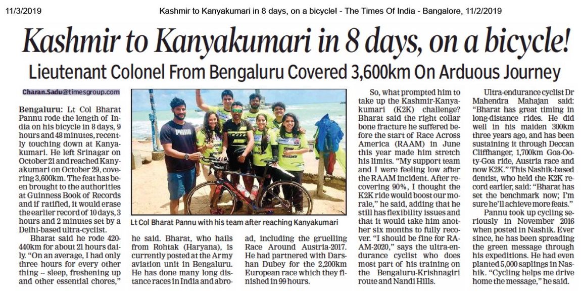 Times of India clipping — Kashmir to Kanyakumari in 8 days, on a bicycle