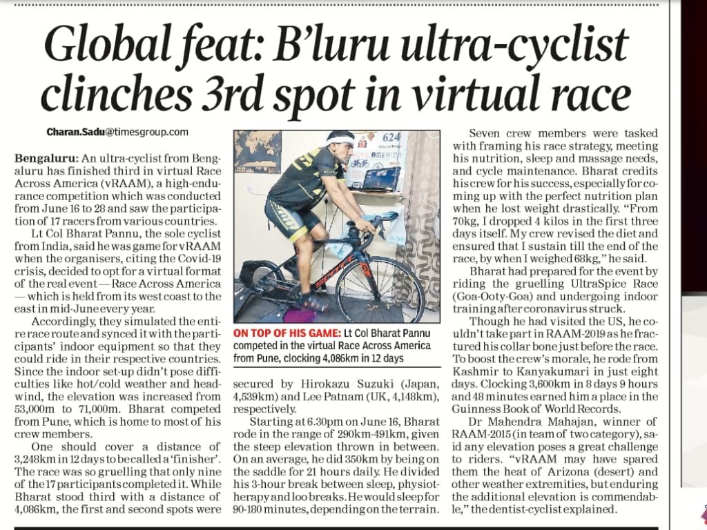 Times of India clipping — Global feat: B'luru ultra-cyclist clinches 3rd spot in virtual race